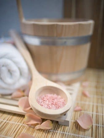 Tub, Wooden Spoon with Bath Salts, and Petals